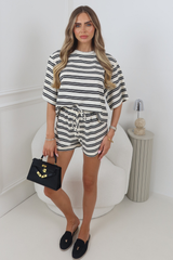 EBONY CREAM STRIPE TSHIRT & SHORTS LOUNGE TWO PIECE SET
