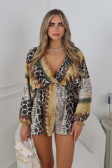 ROXY KHAKI MIX V NECK FLOATY PLAYSUIT