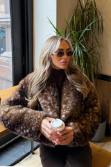 PAIGE CHOCOLATE DEER PRINT FAUX FUR COLLAR JACKET