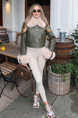 ZARIA KHAKI FAUX LEATHER JACKET WITH FUR COLLAR AND CUFFS