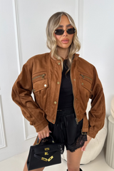 Birdie camel faux suede bomber jacket