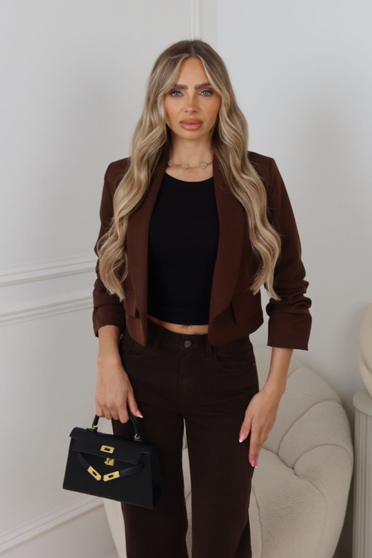 Bridget chocolate ruched sleeve cropped blazer