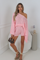 LOLA PINK CROCHET CAPE & KNITTED SHORTS TWO PIECE SET
