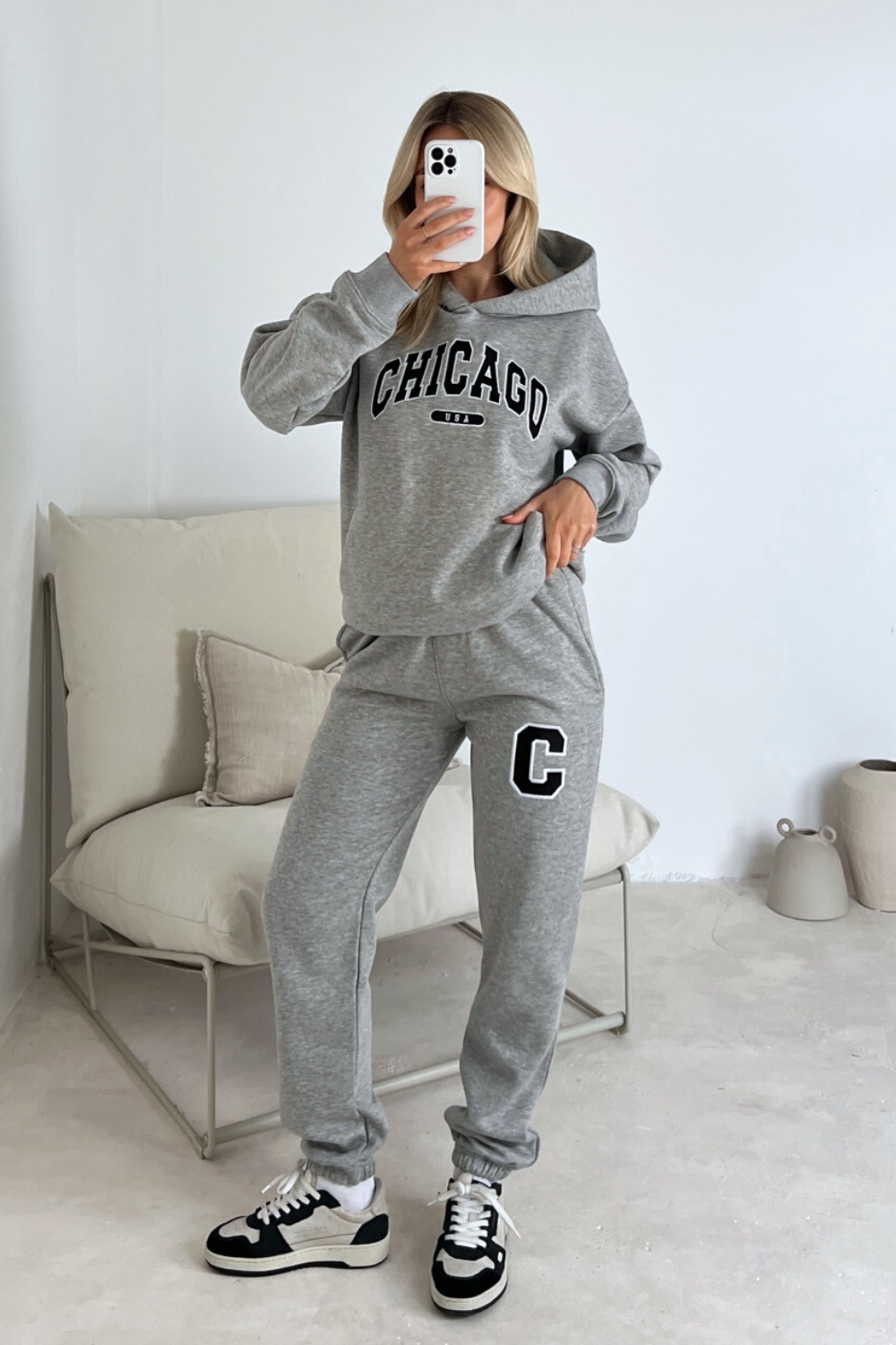 Chicago melange grey embroidered hoodie joggers premium loungewear Glamify Famous For Loungewear