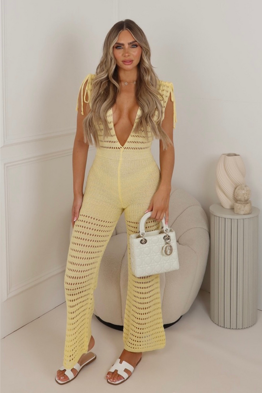 Libby lemon crochet straight leg jumpsuit