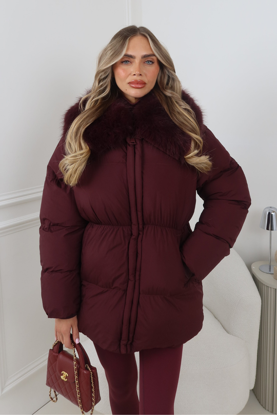 LILITH BURGUNDY FUR TRIM PUFFER JACKET