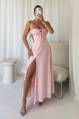 Linda pink linen look split leg maxi dress
