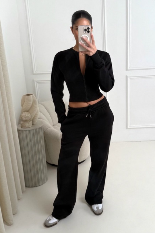 Dolly black cinched waist sweatshirt & straight leg jogger loungewear