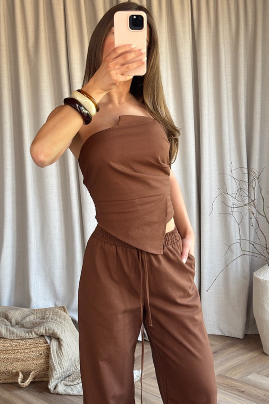 Stella chocolate brown bandeu linen top