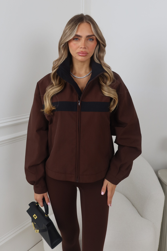 GEORGIA CHOCOLATE AND BLACK ZIP UP TRACK JACKET