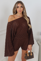 LOLA CHOCOLATE CROCHET CAPE & KNITTED SHORTS TWO PIECE SET