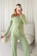 Morgan pistachio button through top & trouser loungewear