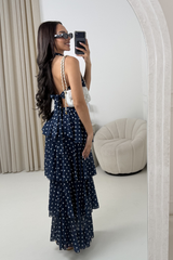 NAOMI NAVY POLKA DOT RUFFLE MAXI SKIRT & HALTER TOP