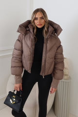 MIA TAUPE CROPPED PUFFER JACKET WITH DETACHABLE HOOD