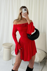 Sienna red bardot rose dress