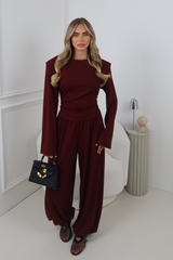 HONEY BURGUNDY SHOULDER PADDED CINCH WAIST TOP AND BALLOON TROUSER CO ORD