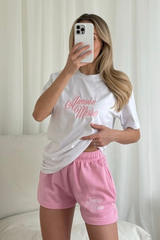 Amore more pink embroidered premium t-shirt shorts co-ord