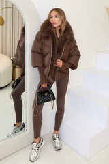 Verity brown hooded puffer coat with faux fur trim