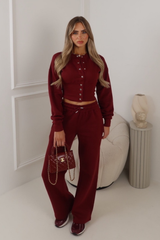 RAVEN BURGUNDY CORSET BOMBER AND WIDE LEG JOGGERS
