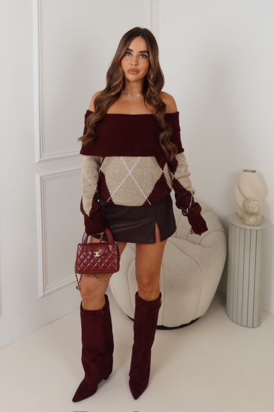 JOSIE BURGUNDY OFF THE SHOULDER CHECKED JUMPER