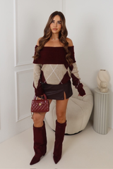 JOSIE BURGUNDY OFF THE SHOULDER CHECKED JUMPER