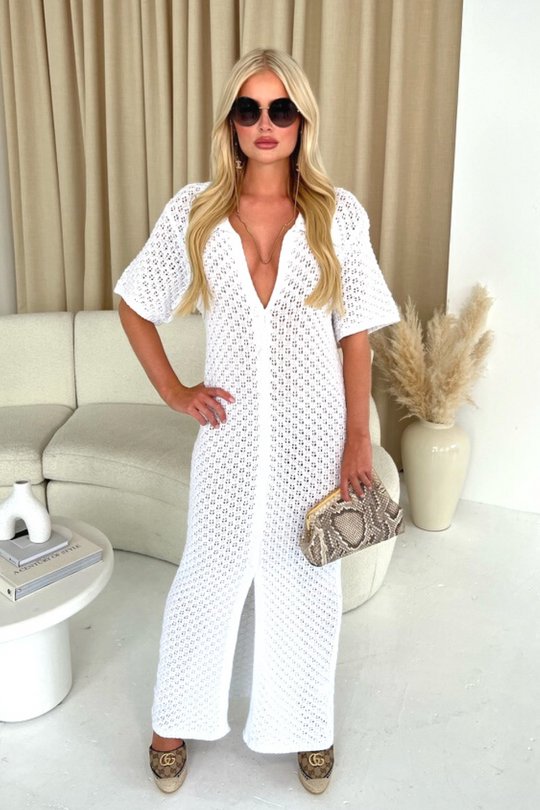 Kerris White Long Crochet Cardigan