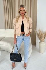 Aria Nude Cropped Long Sleeve Bomber Jacket