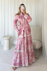 Laura pink a-line long sleeve patterned maxi dress