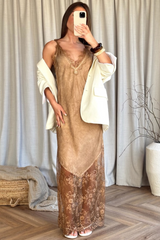 Tiah bronze satin lace trim maxi dress