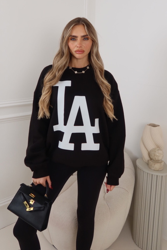 LA PRINTED SWEATSHIRT BLACK AND MATCHING LEGGINGS SET