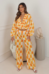 Florence yellow patterned crop top & trouser co ord One size (6-10) co-ord