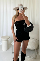 Kim black knit frill strapless playsuit