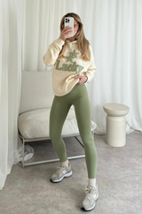 Lucky ecru embroidered hoodie and sage legging set