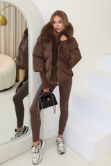 Verity brown hooded puffer coat with faux fur trim
