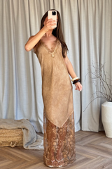 Tiah bronze satin lace trim maxi dress