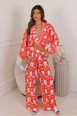 Florence red patterned crop top & trouser co ord One size (6-10) co-ord