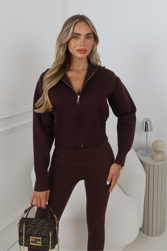 MANDY DARK BROWN  FULL ZIP RIBBED HIGH NECK CARDIGAN
