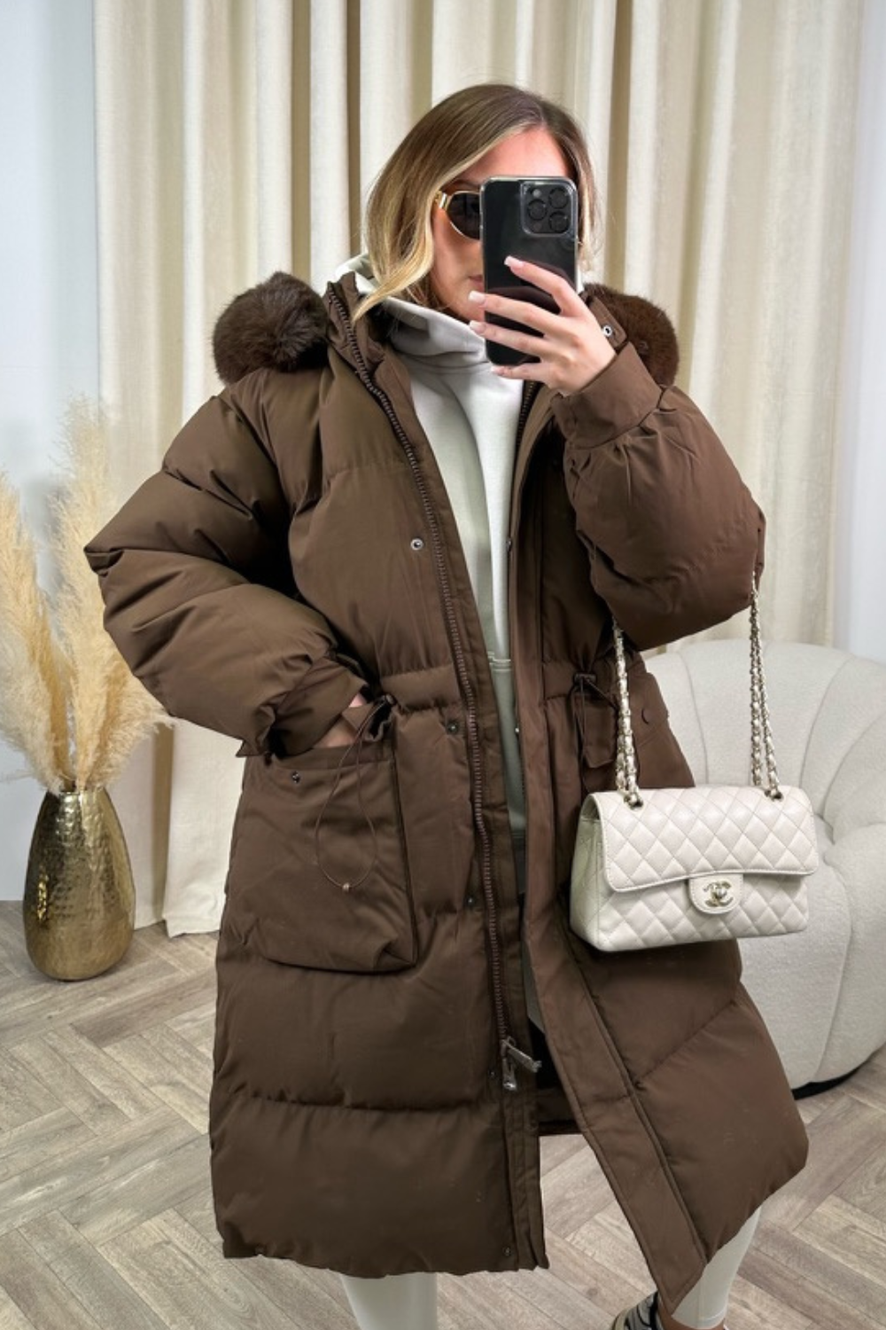 Brown padded coat with fur hood deals