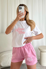 Amore more pink embroidered premium t-shirt shorts co-ord