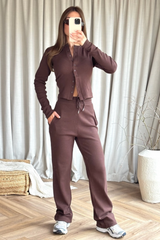 Alba chocolate ribbed button through top & wide leg trousers