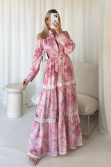 Laura pink a-line long sleeve patterned maxi dress