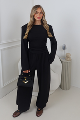 HONEY BLACK SHOULDER PADDED CINCH WAIST TOP AND BALLOON TROUSER CO ORD