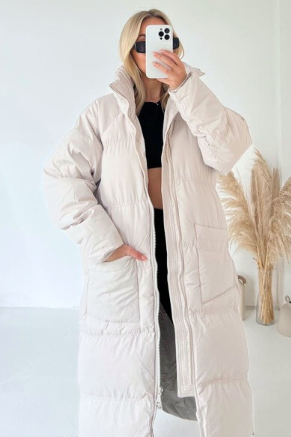 Longline cream puffer coat sales
