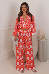 Florence red patterned crop top & trouser co ord One size (6-10) co-ord