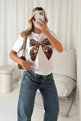 Leopard bow printed white t-shirt