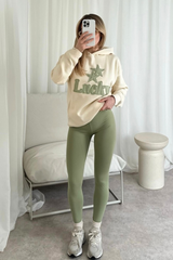 Lucky ecru embroidered hoodie and sage legging set