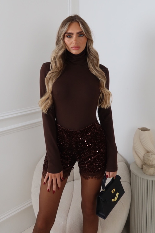ARIA CHOCOLATE SEQUIN SHORTS WITH LACE EDGE DETAIL