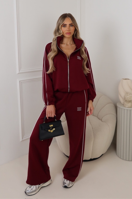 GeGe Burgundy embroidered piping detail zip jacket & trouser loungewear