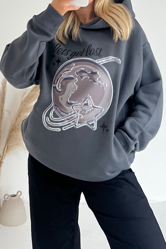 Lets get lost steel grey printed  relaxed hoodie