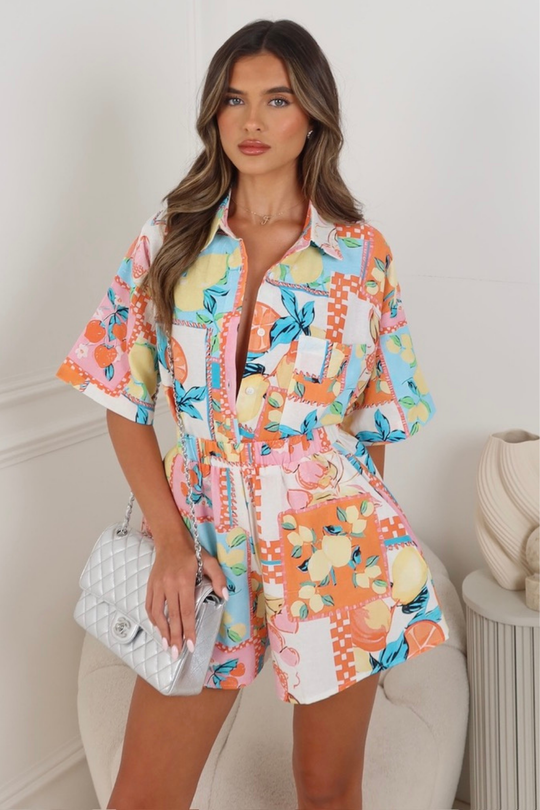 Freya orange fruit print linen shirt & shorts co ord
